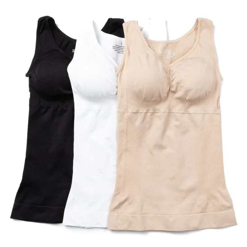 Tank Top Shapewear with Built in Bra Shelf Bra Casual Wide Strap Basic Camisole Sleeveless Top Shaper with Removable Bra