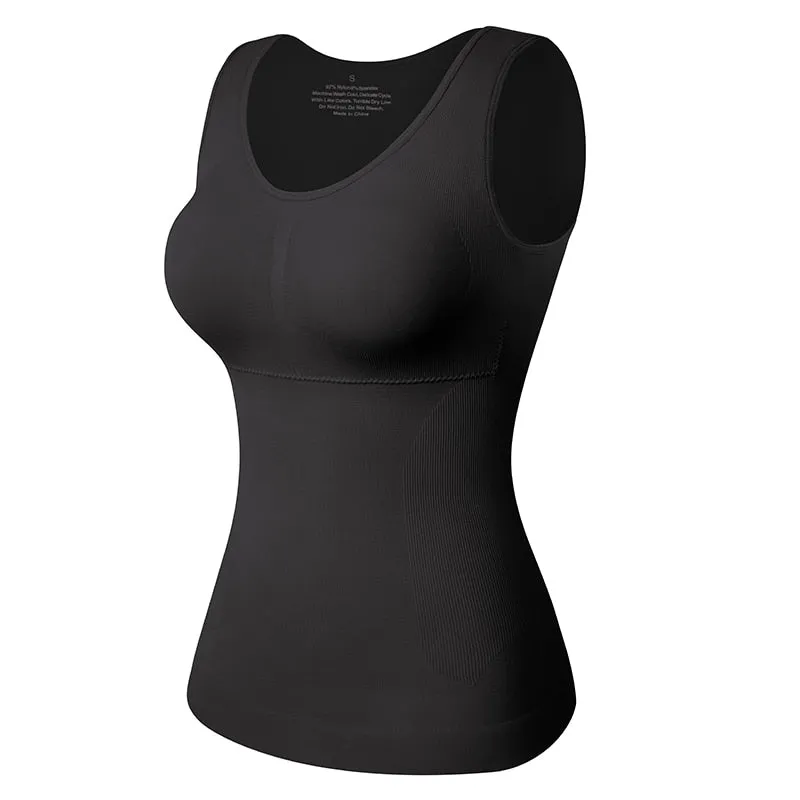 Tank Top Shapewear with Built in Bra Shelf Bra Casual Wide Strap Basic Camisole Sleeveless Top Shaper with Removable Bra