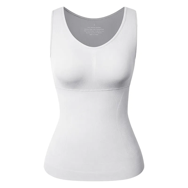 Tank Top Shapewear with Built in Bra Shelf Bra Casual Wide Strap Basic Camisole Sleeveless Top Shaper with Removable Bra