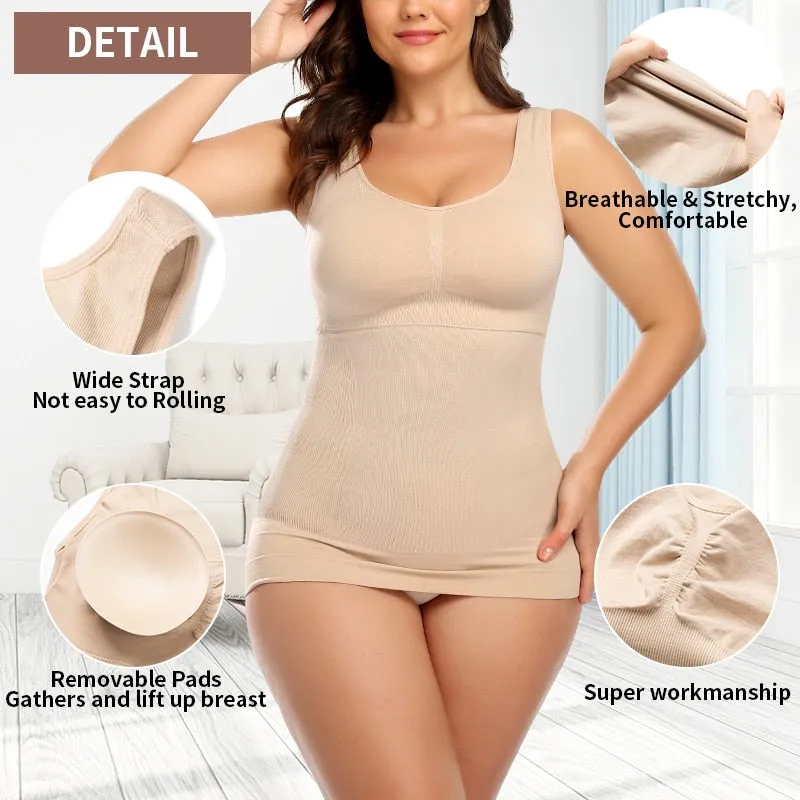 Tank Top Shapewear with Built in Bra Shelf Bra Casual Wide Strap Basic Camisole Sleeveless Top Shaper with Removable Bra