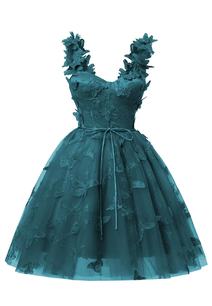 Teal 3D Butterfly Lace Applique Tulle Homecoming Dress for Teens Sweetheart Mini Short Prom Dresses