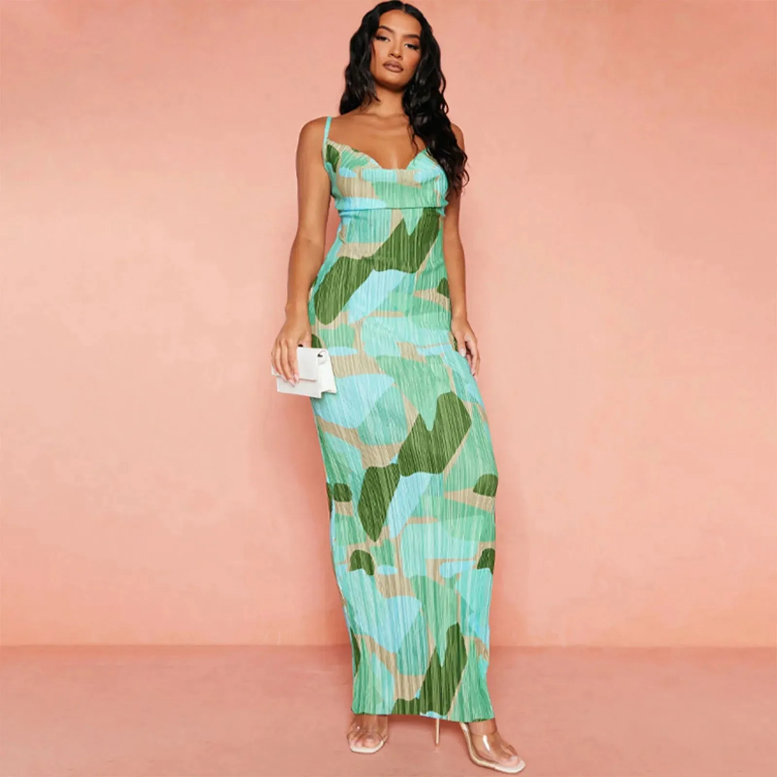 Tie-dyed Printed Pleated Maxi Camisole Summer Sling Backless Outwear Casual Elegant Dress