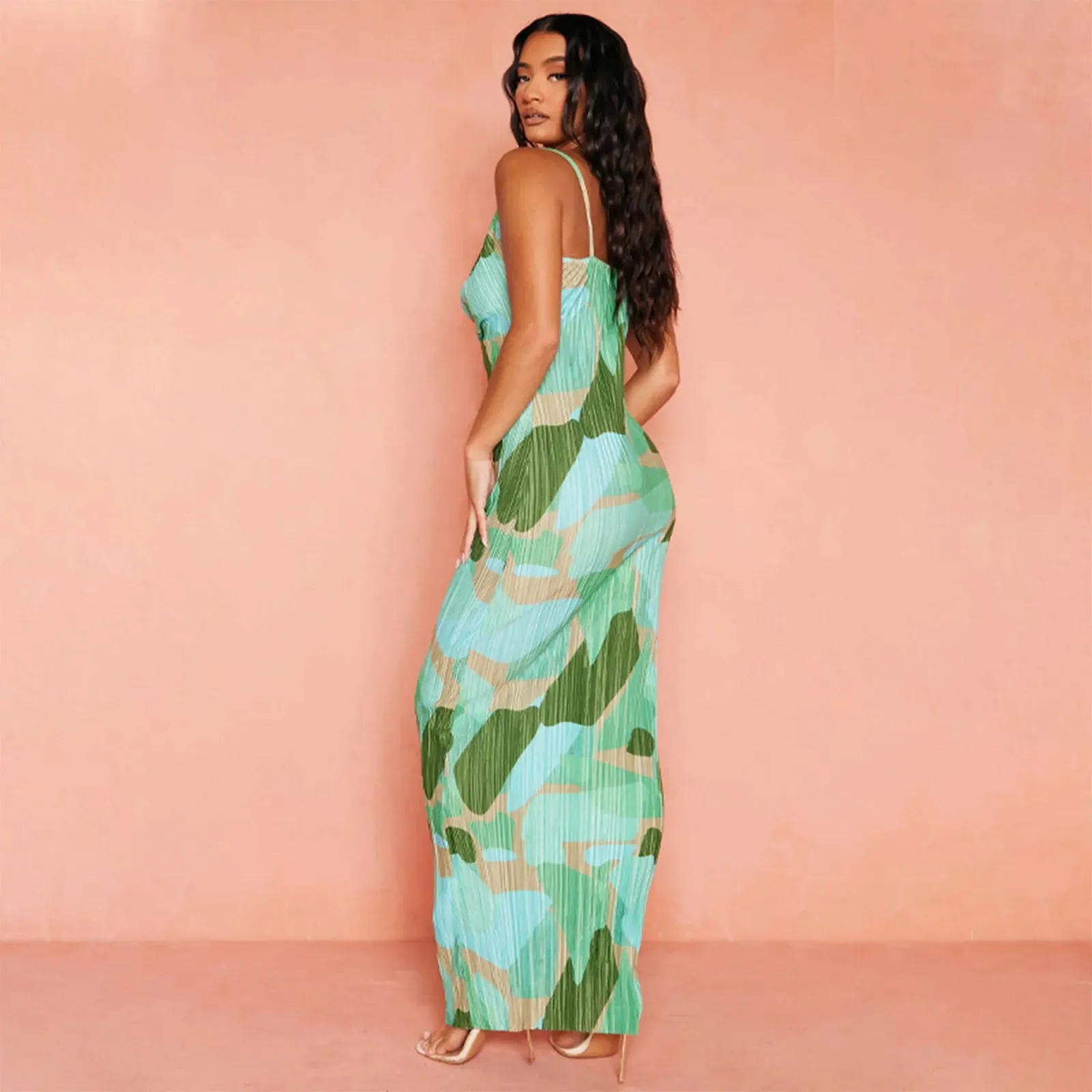 Tie-dyed Printed Pleated Maxi Camisole Summer Sling Backless Outwear Casual Elegant Dress