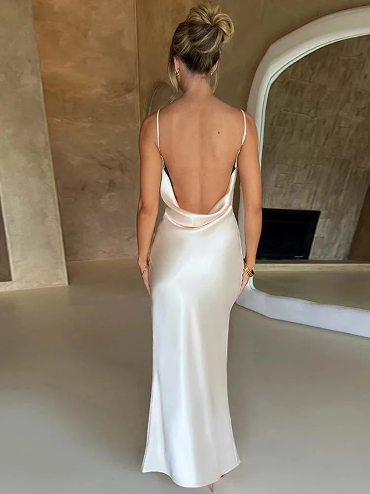 Toleet-White Satin Bodycon Backless Sexy Dress Women Split Elegant Night Club Party Dresses Summer Long Dress Vestidos