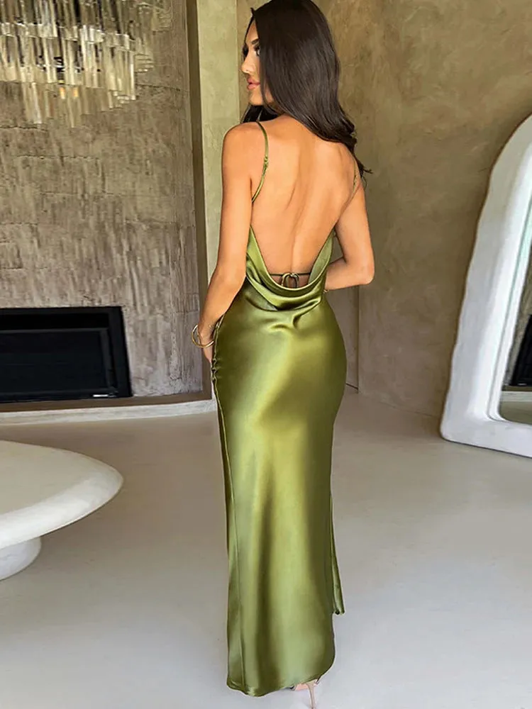 Toleet-White Satin Bodycon Backless Sexy Dress Women Split Elegant Night Club Party Dresses Summer Long Dress Vestidos