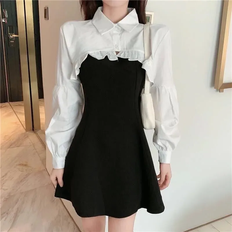 Toleet-Women Sexy Black Spaghetti Strap Dress and White Long Sleeve Blouses Crop Top Fashion Mini Vestidos Casual 2 Pieces Dresses Suit