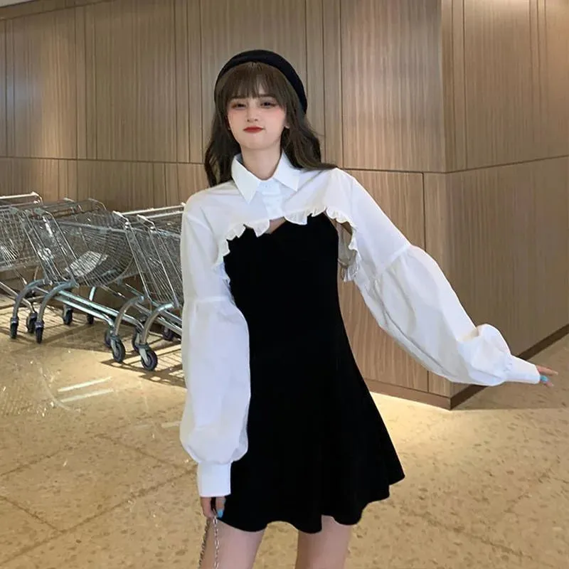 Toleet-Women Sexy Black Spaghetti Strap Dress and White Long Sleeve Blouses Crop Top Fashion Mini Vestidos Casual 2 Pieces Dresses Suit