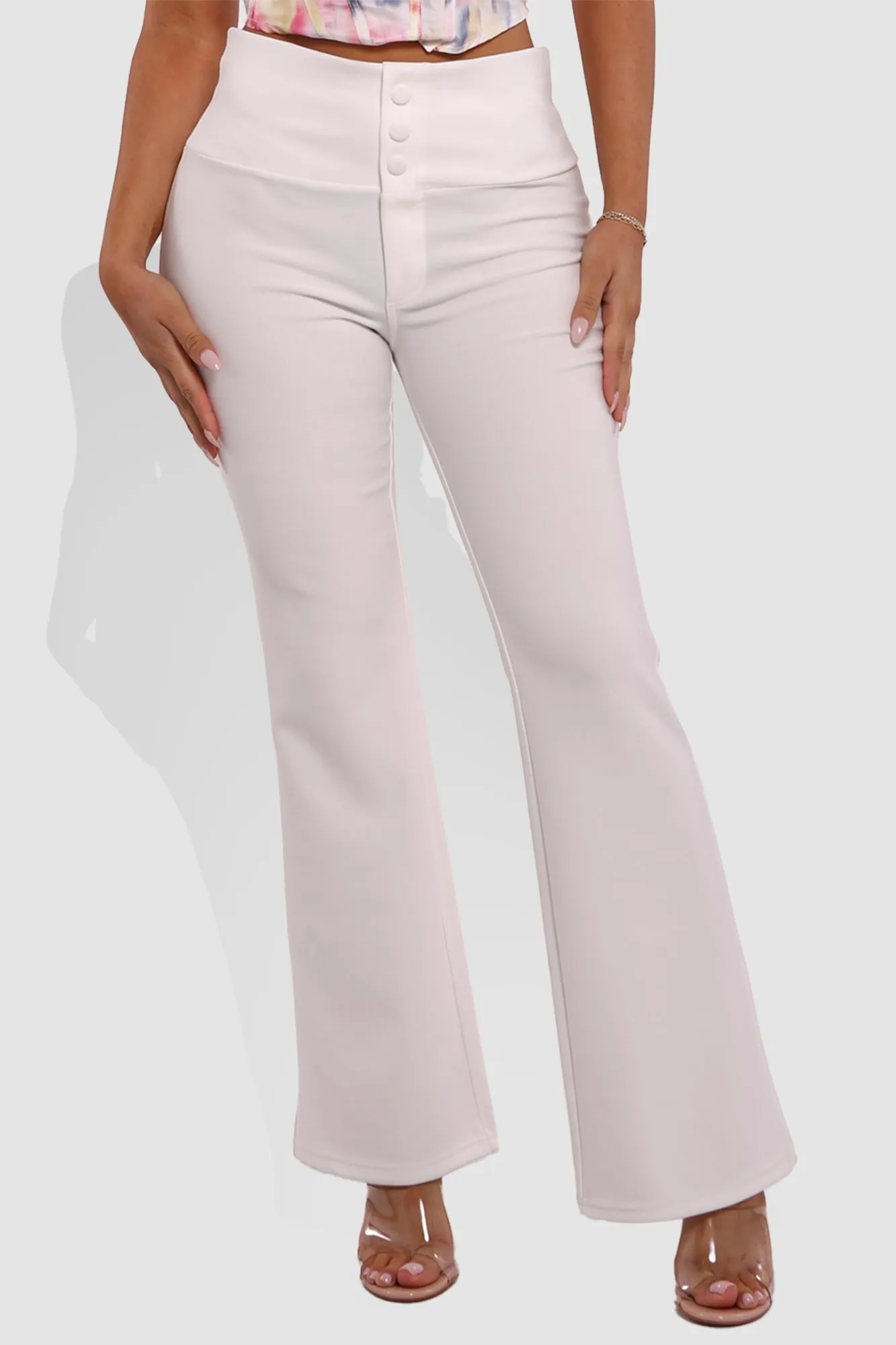 Tummy Control Butt Sculpting Flare Pants With Button Fly Waist Detail - White