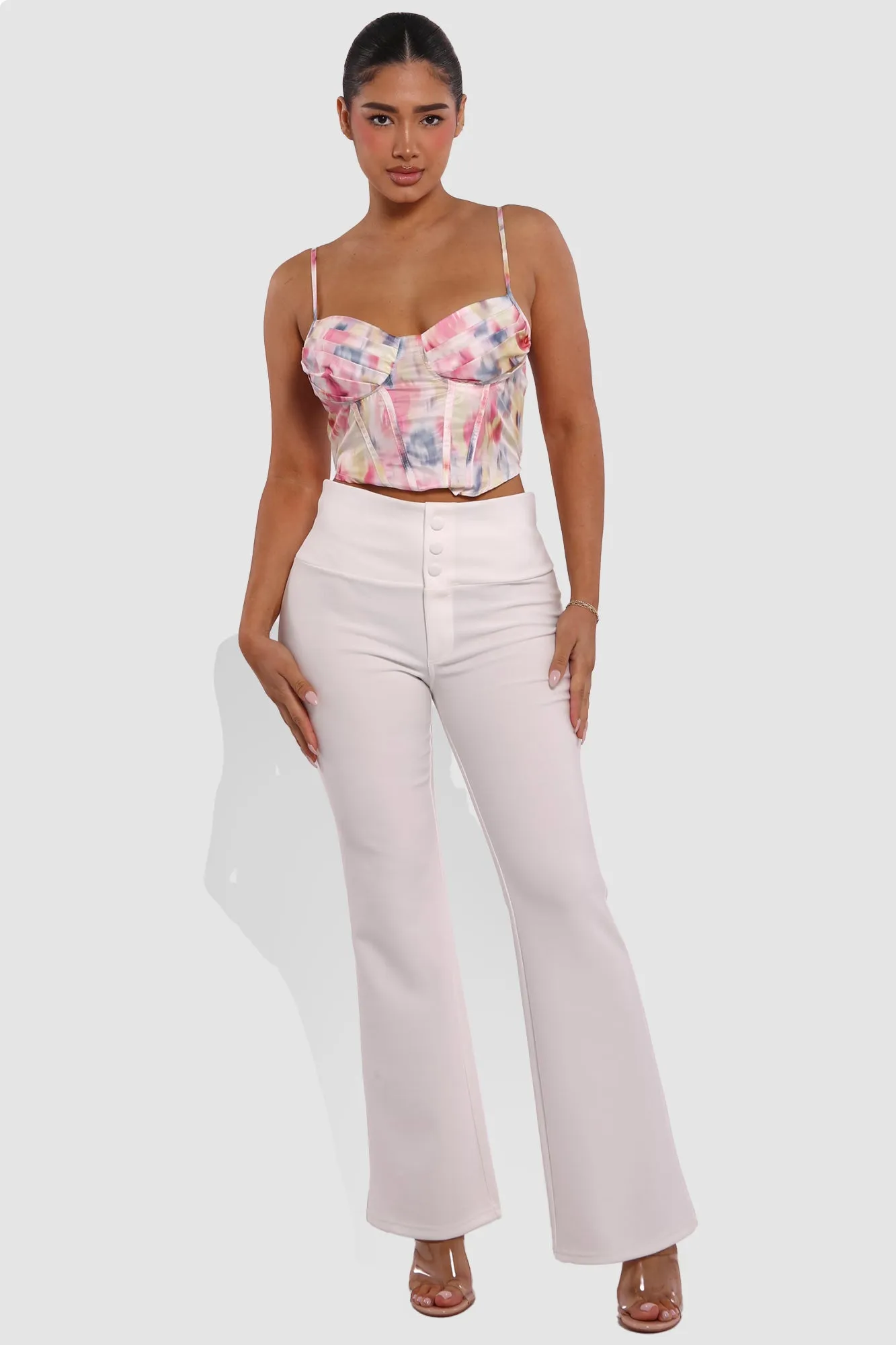 Tummy Control Butt Sculpting Flare Pants With Button Fly Waist Detail - White