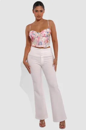 Tummy Control Butt Sculpting Flare Pants With Button Fly Waist Detail - White