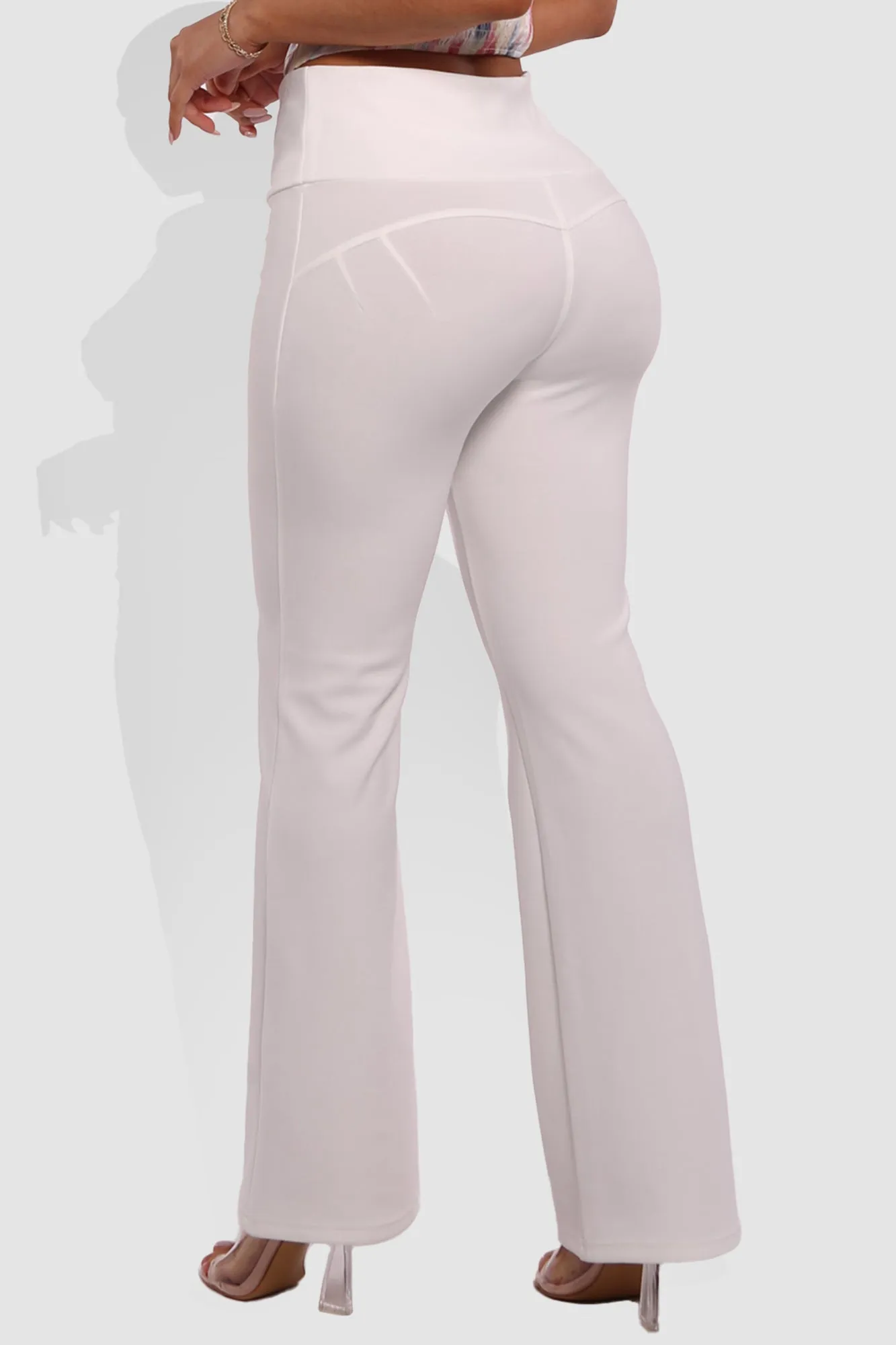 Tummy Control Butt Sculpting Flare Pants With Button Fly Waist Detail - White