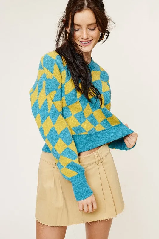 Turquoise Fashion Check Sweater