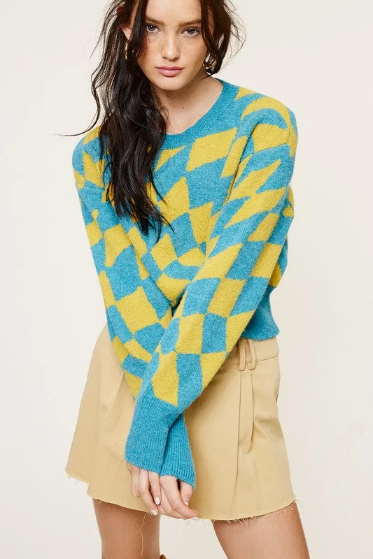 Turquoise Fashion Check Sweater