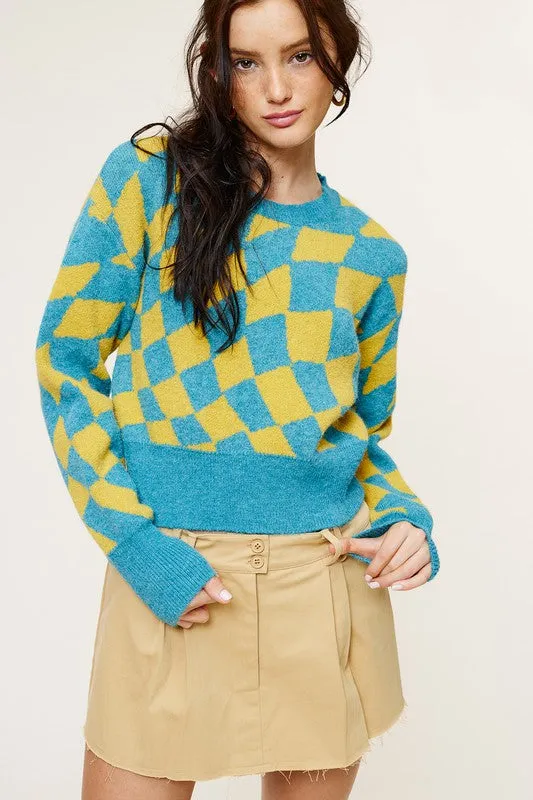 Turquoise Fashion Check Sweater