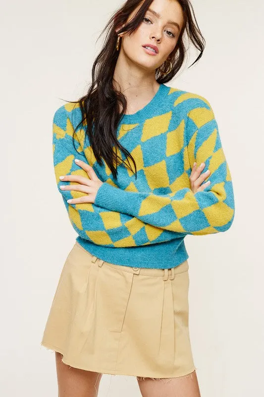 Turquoise Fashion Check Sweater