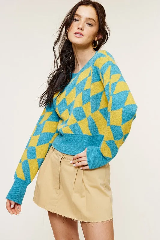 Turquoise Fashion Check Sweater