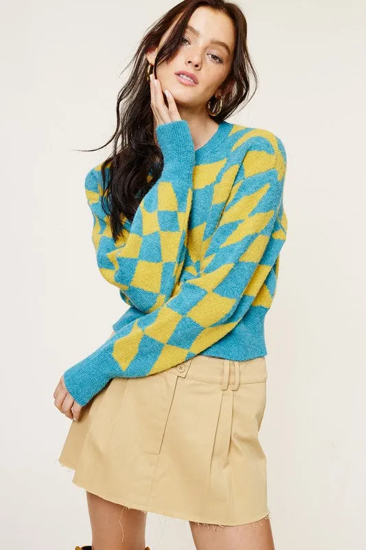 Turquoise Fashion Check Sweater