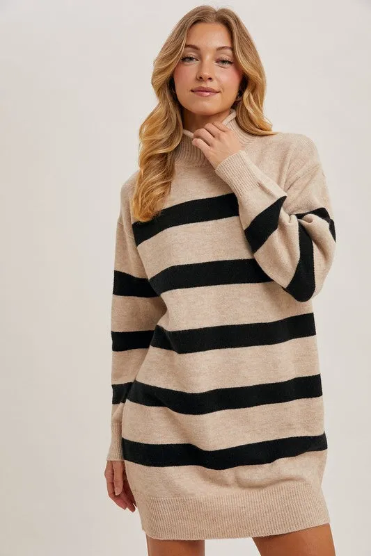 Turtleneck Striped Knit Sweater Dress