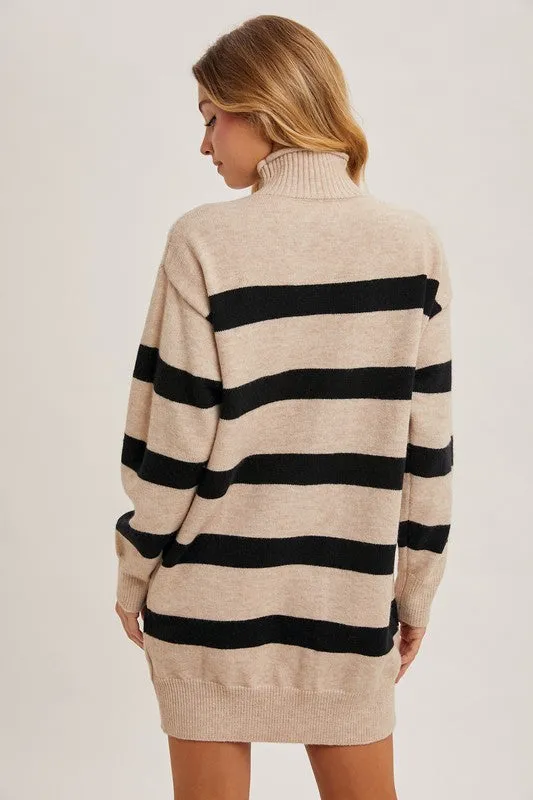 Turtleneck Striped Knit Sweater Dress