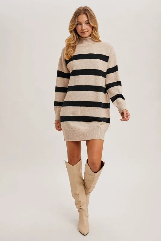 Turtleneck Striped Knit Sweater Dress