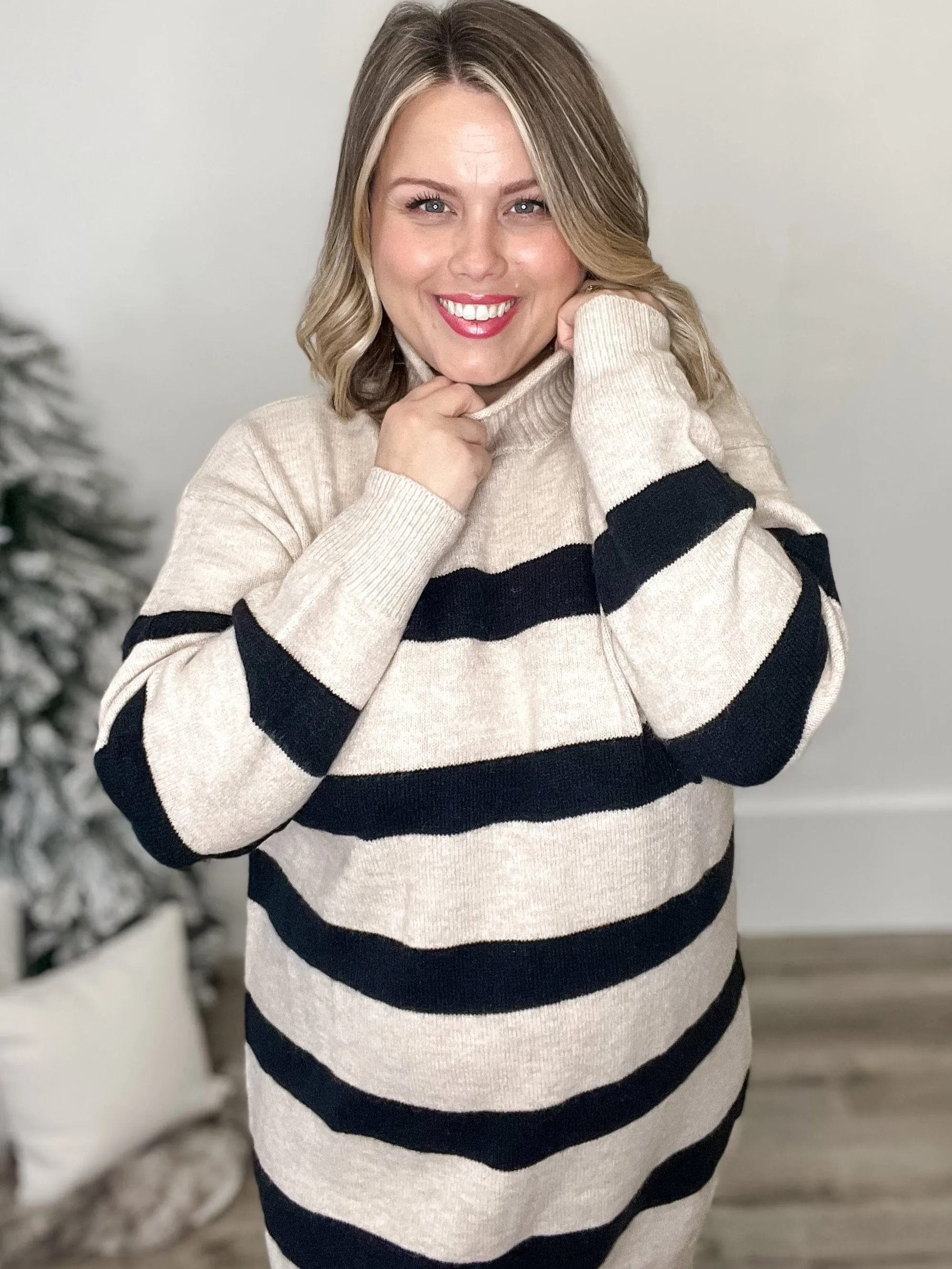 Turtleneck Striped Knit Sweater Dress