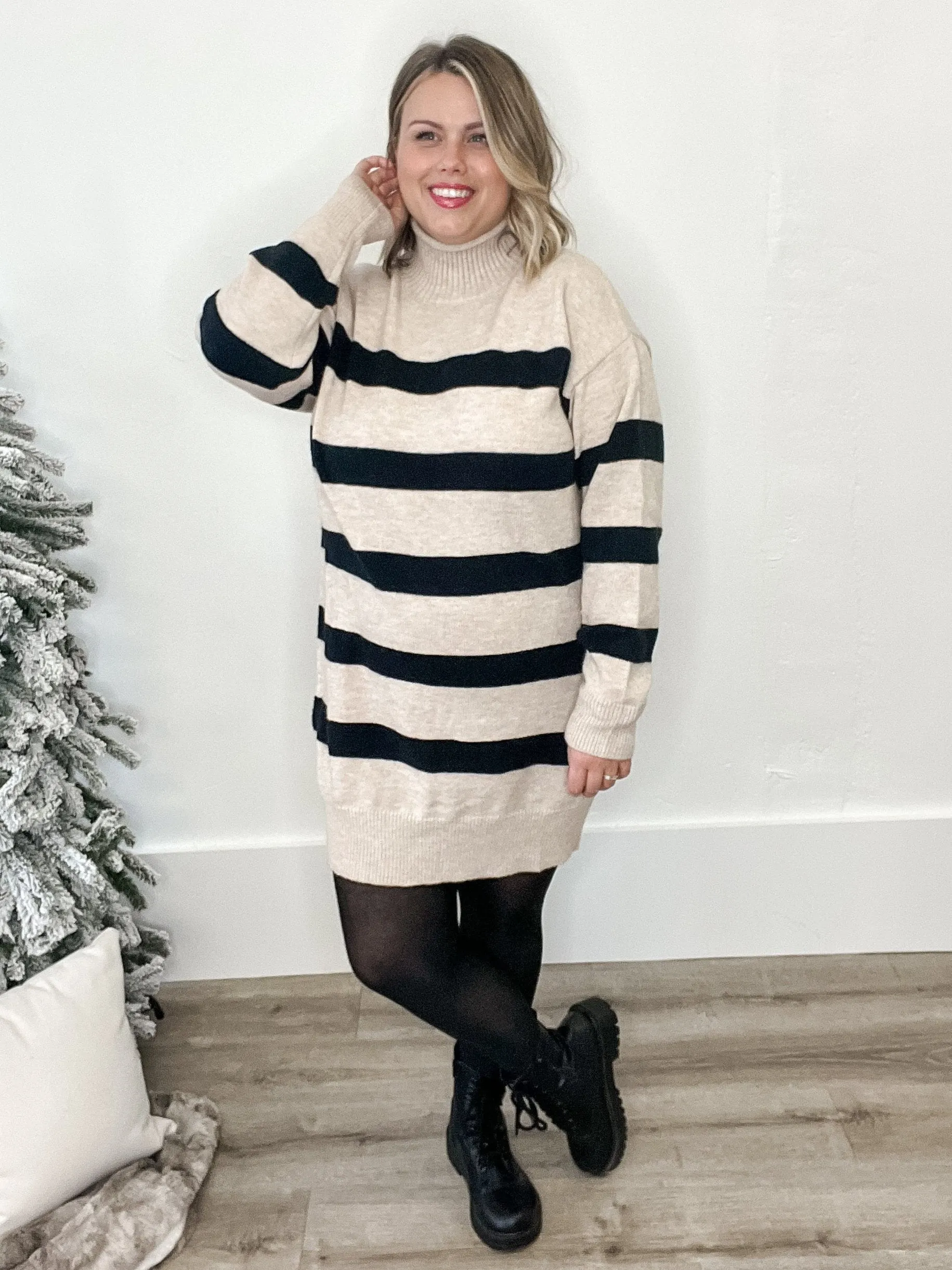 Turtleneck Striped Knit Sweater Dress