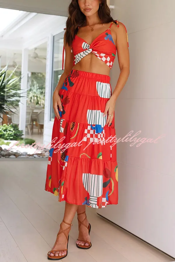 Unique Printed Sexy Camisole Elastic Waist Long Skirt Two Piece Set