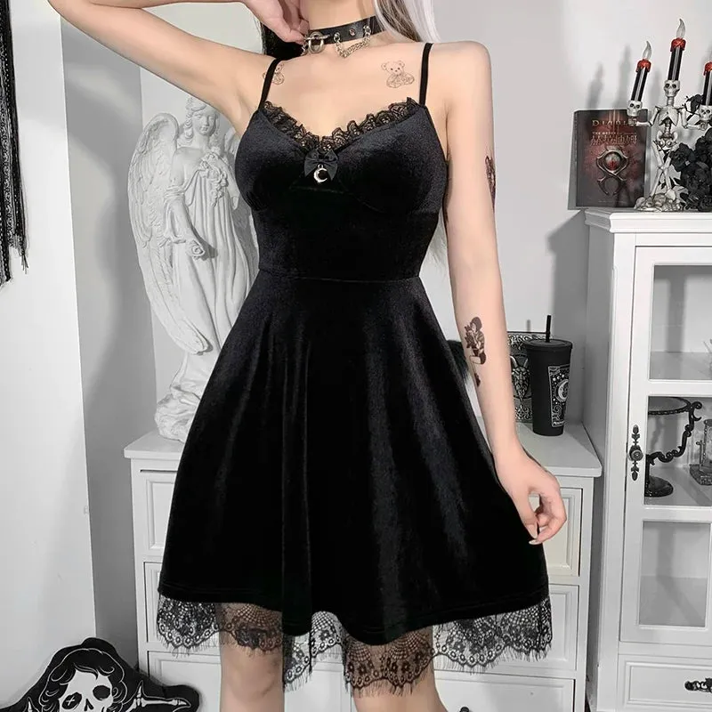 Uniwim Gothic Lace Lolita Dress Black Vintage Camisole Hot Girl Evening Party Short Skirt