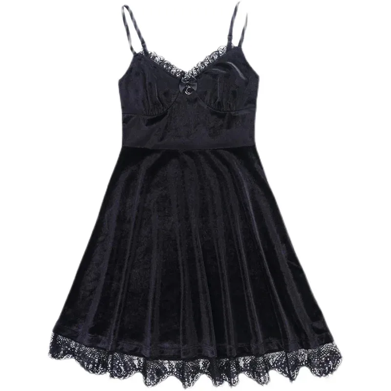 Uniwim Gothic Lace Lolita Dress Black Vintage Camisole Hot Girl Evening Party Short Skirt