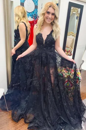 V Neck Open Back Black Lace Floral Prom Dress, Long Black Beaded Formal Dress, Black Lace Evening Dress A1372