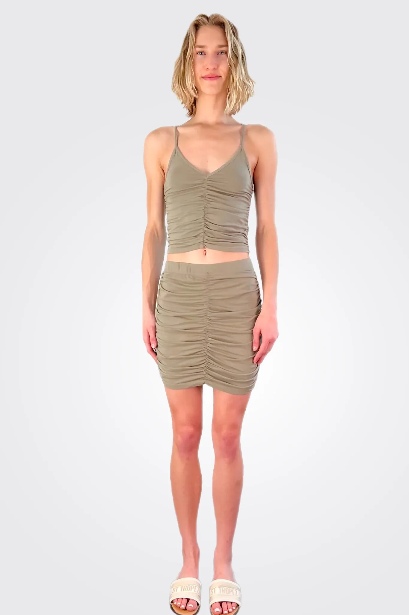 V Neck Shirred Cami - Basil