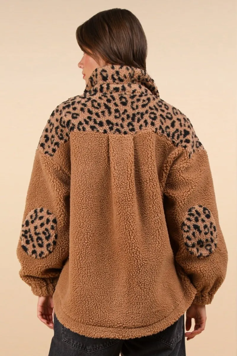 VERY J Fuzzy Leopard Button Down Long Sleeve Jacket