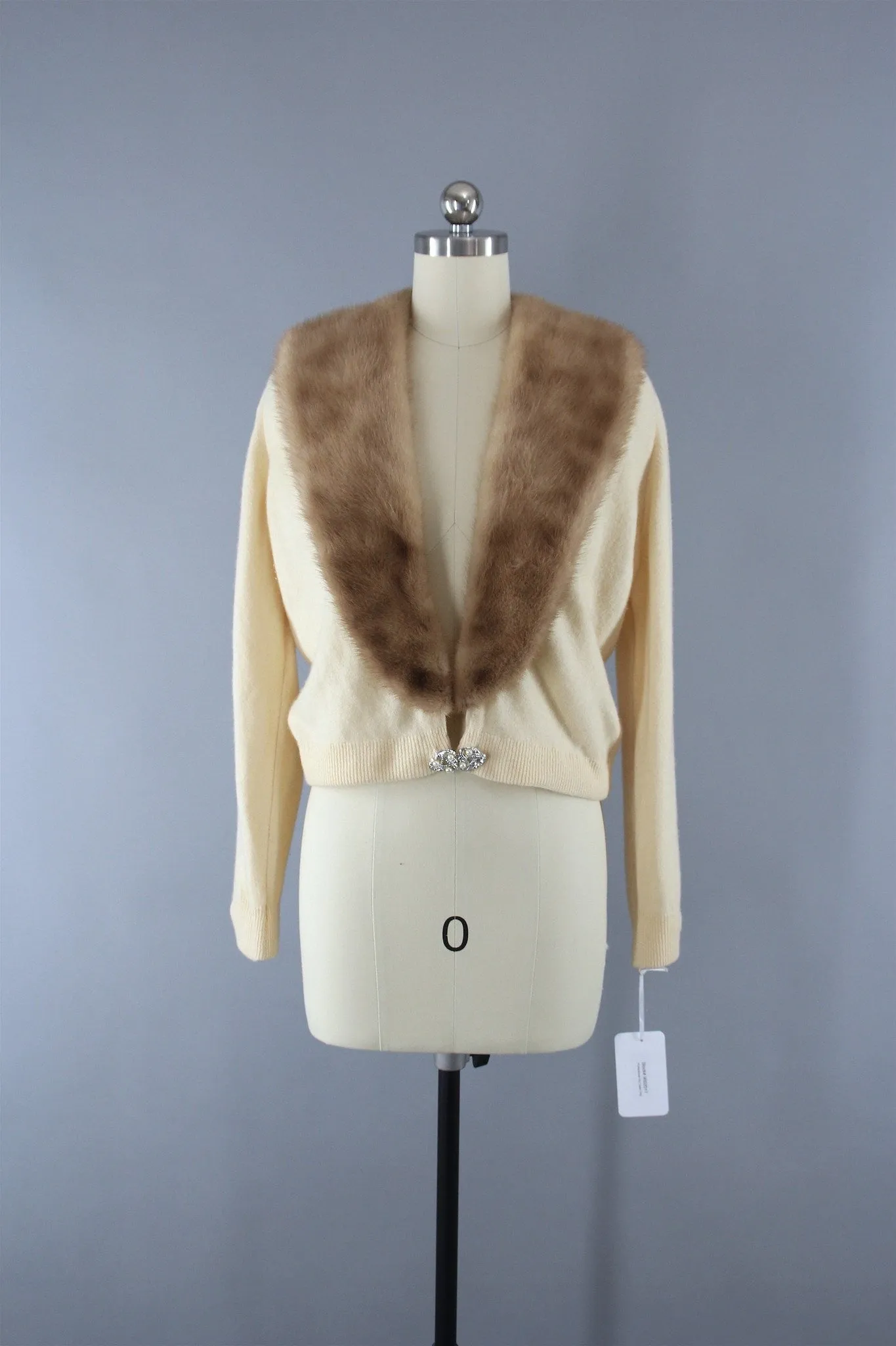 Vintage 1950s Ivory Cashmere Sweater with Fur Collar