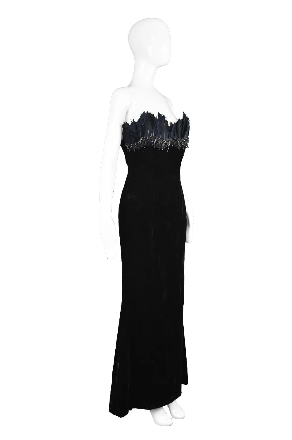 Vintage Beaded Feather & Velvet Evening Gown, 1990s