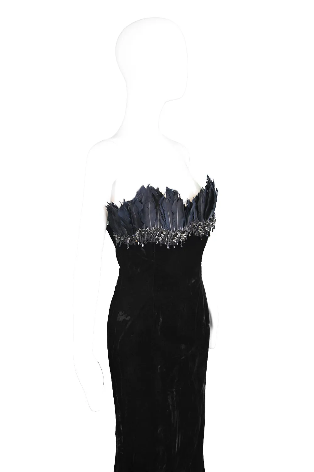 Vintage Beaded Feather & Velvet Evening Gown, 1990s