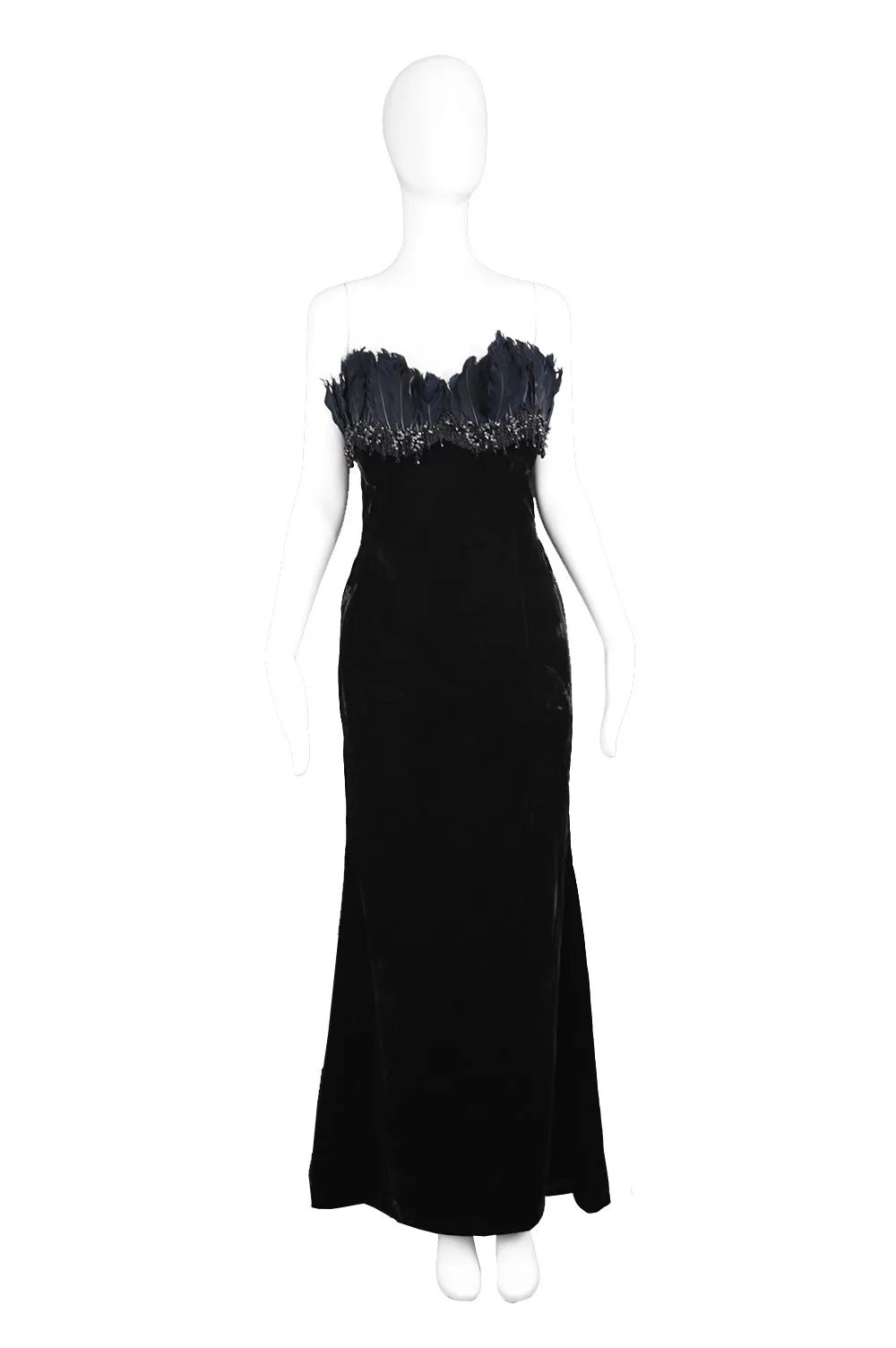 Vintage Beaded Feather & Velvet Evening Gown, 1990s