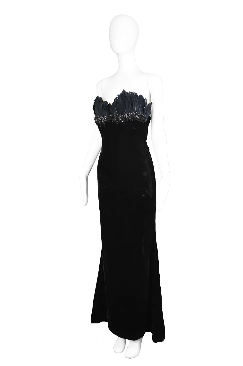 Vintage Beaded Feather & Velvet Evening Gown, 1990s