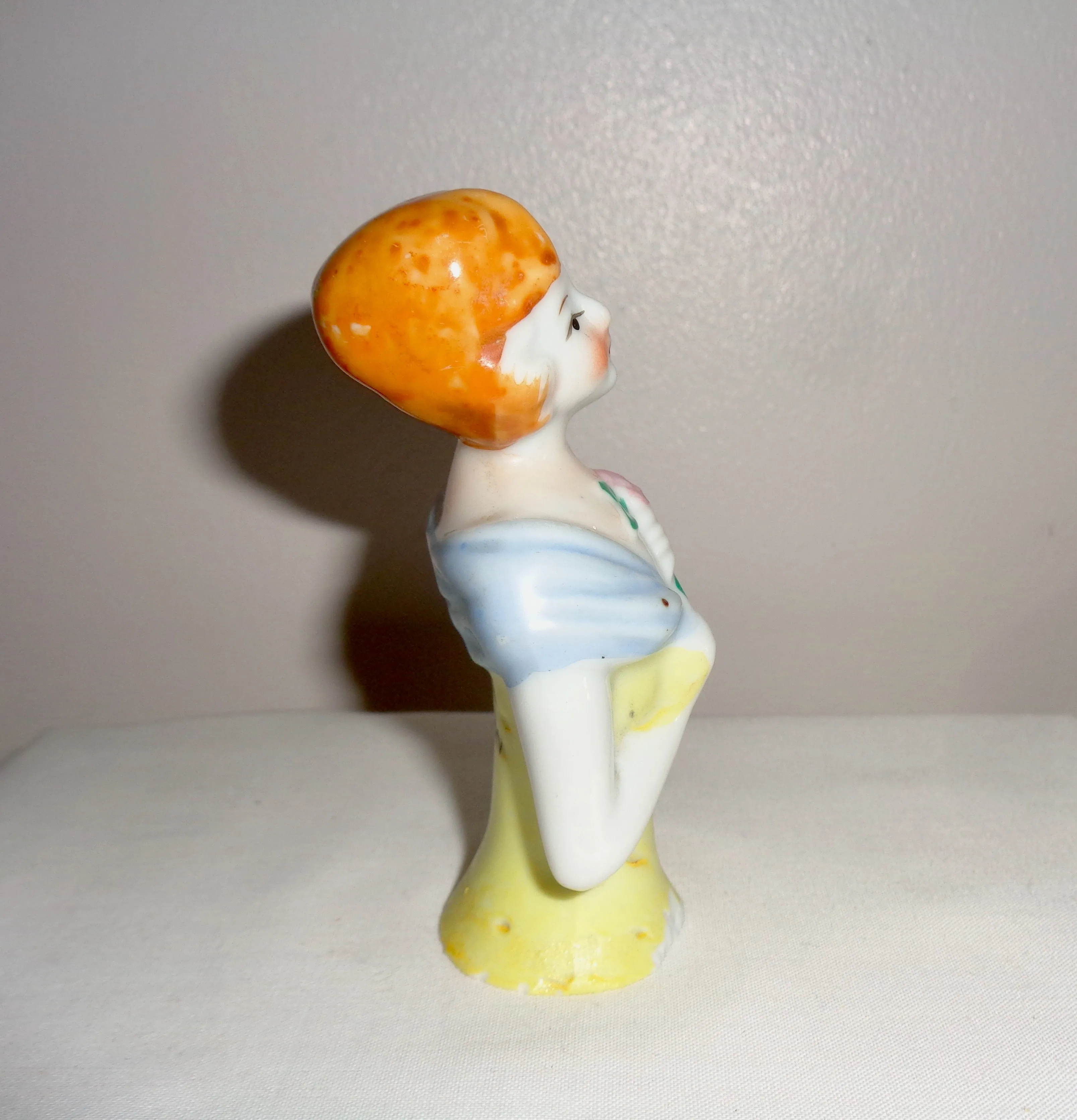 Vintage Japanese Half doll China Pin Cushion Lady (Yellow dress)