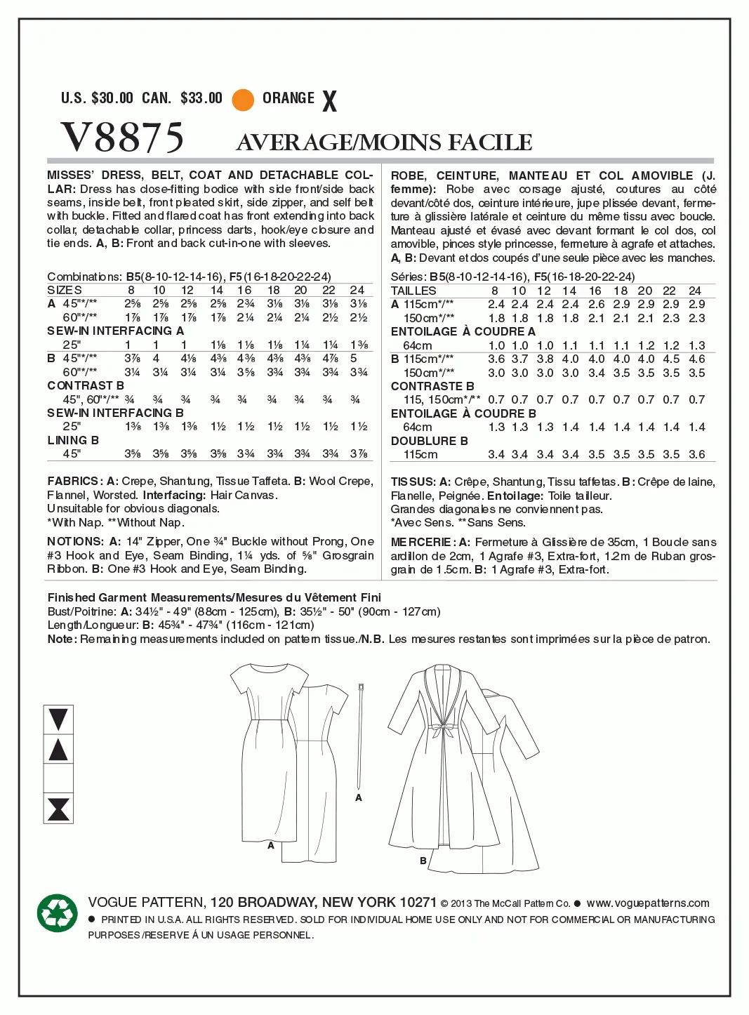 Vogue Pattern V8875 Misses' Dress, Belt, Coat and Detachable Collar