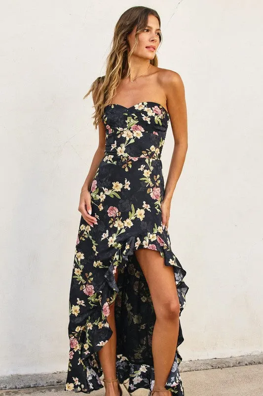 Waitlist 2/5 ♥ Emmy Sleeveless Floral Print Asymmetrical Hem Maxi Dress Black