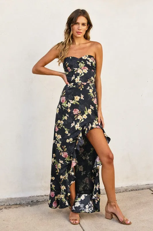 Waitlist 2/5 ♥ Emmy Sleeveless Floral Print Asymmetrical Hem Maxi Dress Black