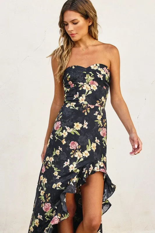 Waitlist 2/5 ♥ Emmy Sleeveless Floral Print Asymmetrical Hem Maxi Dress Black