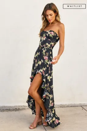 Waitlist 2/5 ♥ Emmy Sleeveless Floral Print Asymmetrical Hem Maxi Dress Black