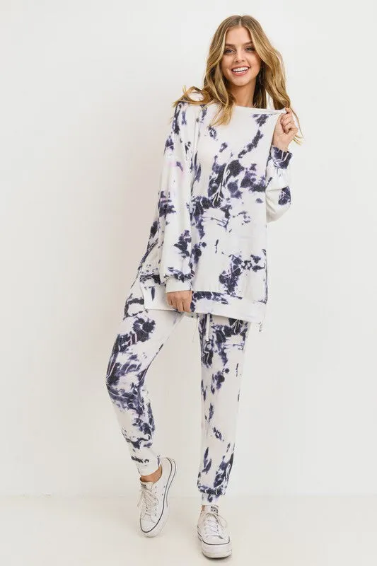 White & Navy Tie Dye Loungewear Set