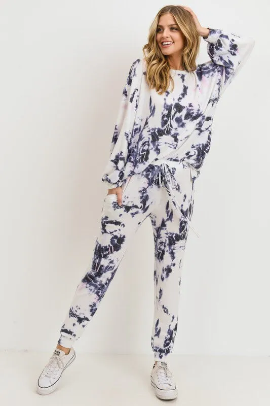 White & Navy Tie Dye Loungewear Set