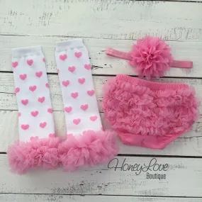 White/Pink Heart leg warmers, pink flower headband, ruffle bottom bloomers