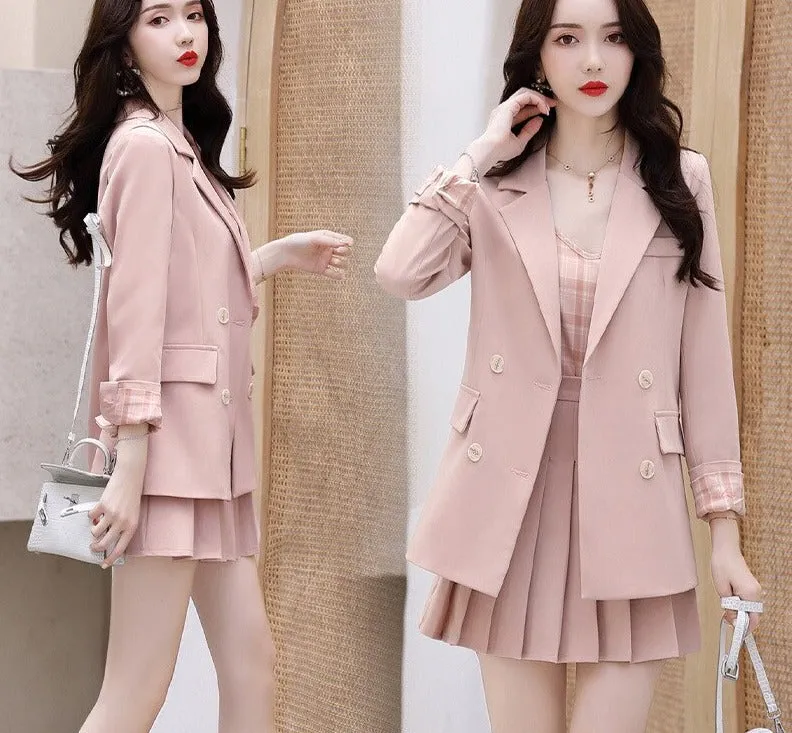 Wjczt Women Korean Blazers 3 Pcs Set Spring Autumn Office Lady Elegant Pink Suit Coat Plaid Sling Vest Pleated Skirts Outfits 2022 New