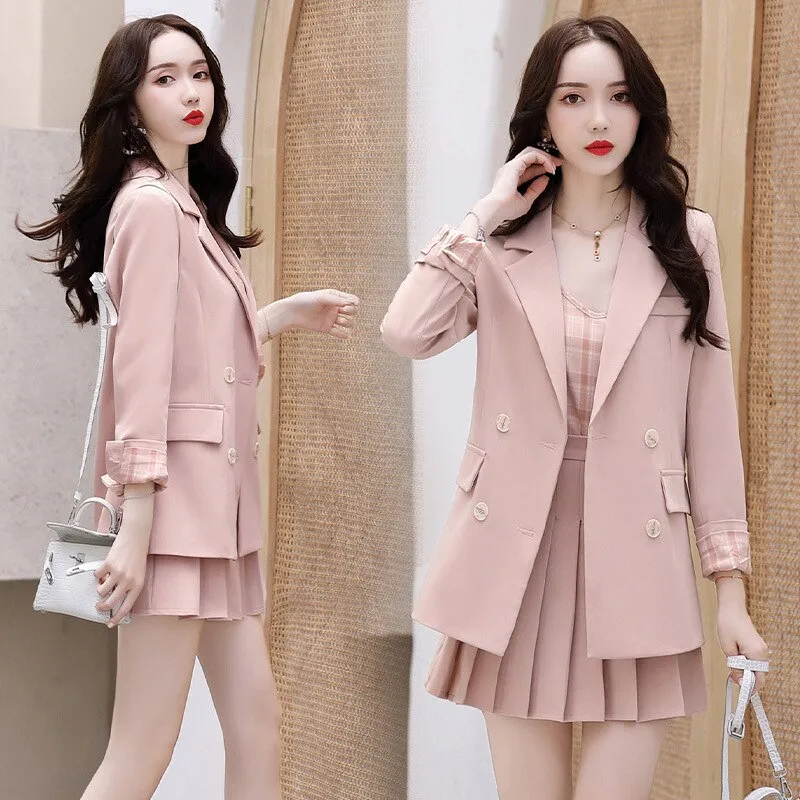 Wjczt Women Korean Blazers 3 Pcs Set Spring Autumn Office Lady Elegant Pink Suit Coat Plaid Sling Vest Pleated Skirts Outfits 2022 New