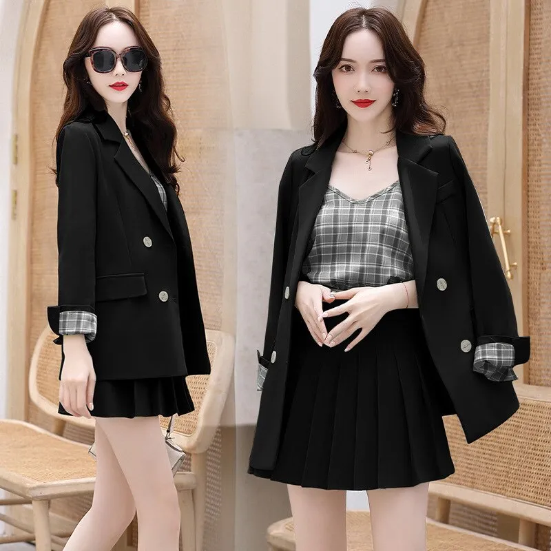 Wjczt Women Korean Blazers 3 Pcs Set Spring Autumn Office Lady Elegant Pink Suit Coat Plaid Sling Vest Pleated Skirts Outfits 2022 New