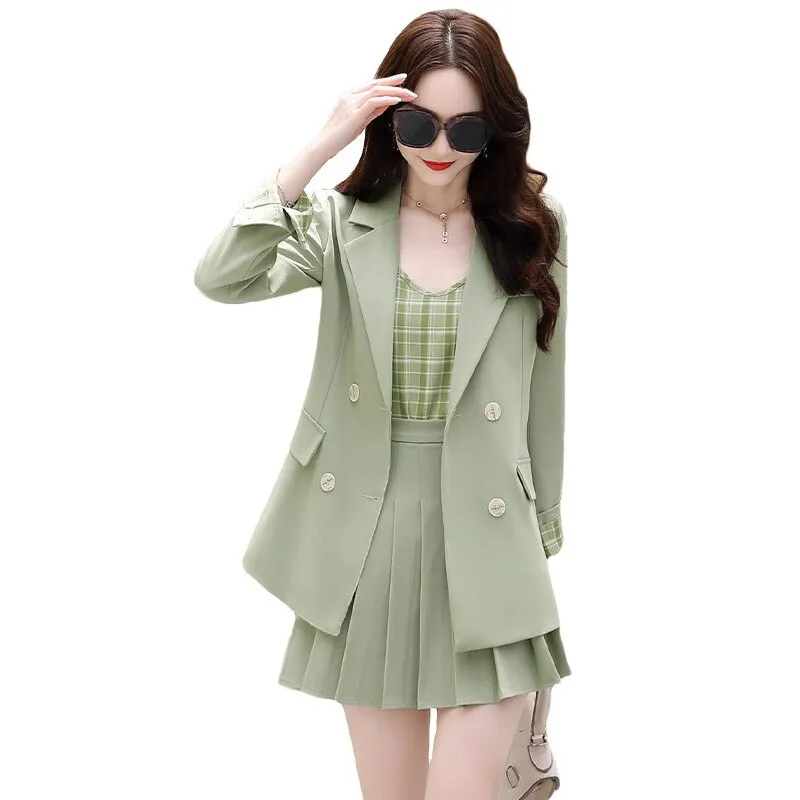 Wjczt Women Korean Blazers 3 Pcs Set Spring Autumn Office Lady Elegant Pink Suit Coat Plaid Sling Vest Pleated Skirts Outfits 2022 New